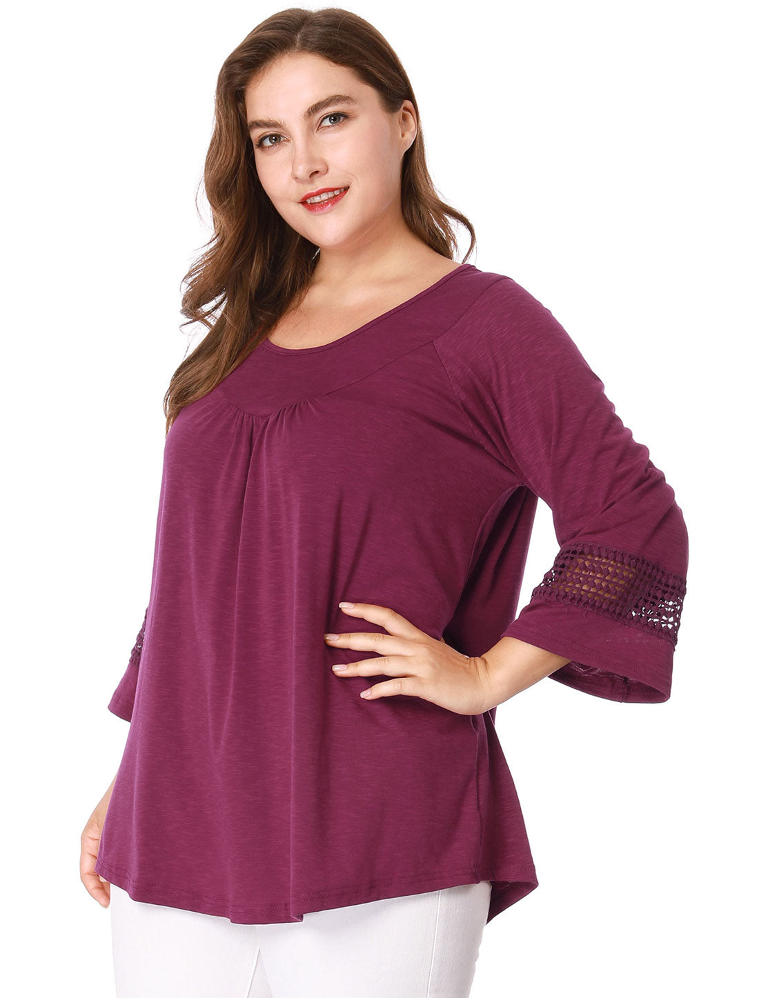 Women's Plus Size Tops Long Sleeve Crochet Panel Hollow Out Pleated Tunics Blouse