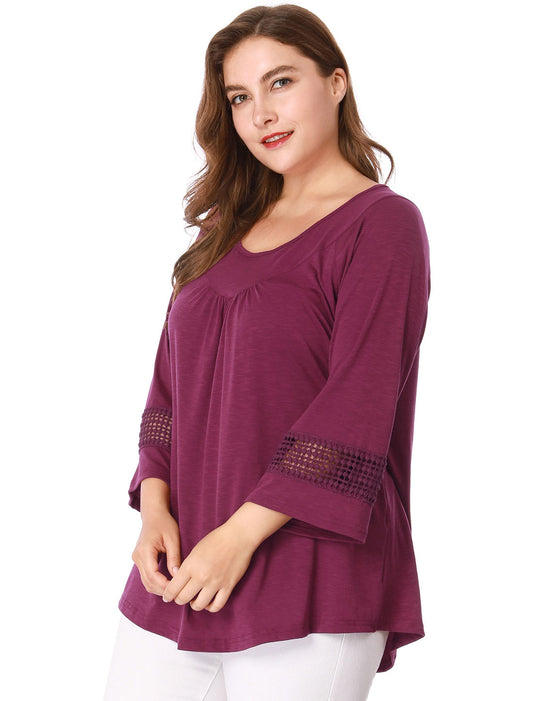 Women's Plus Size Tops Long Sleeve Crochet Panel Hollow Out Pleated Tunics Blouse