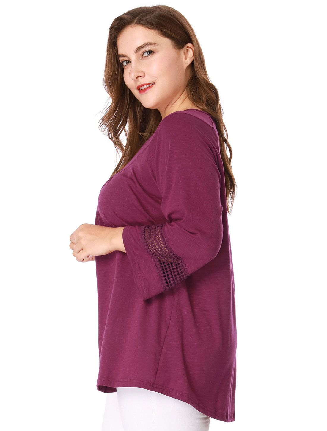 Women's Plus Size Tops Long Sleeve Crochet Panel Hollow Out Pleated Tunics Blouse