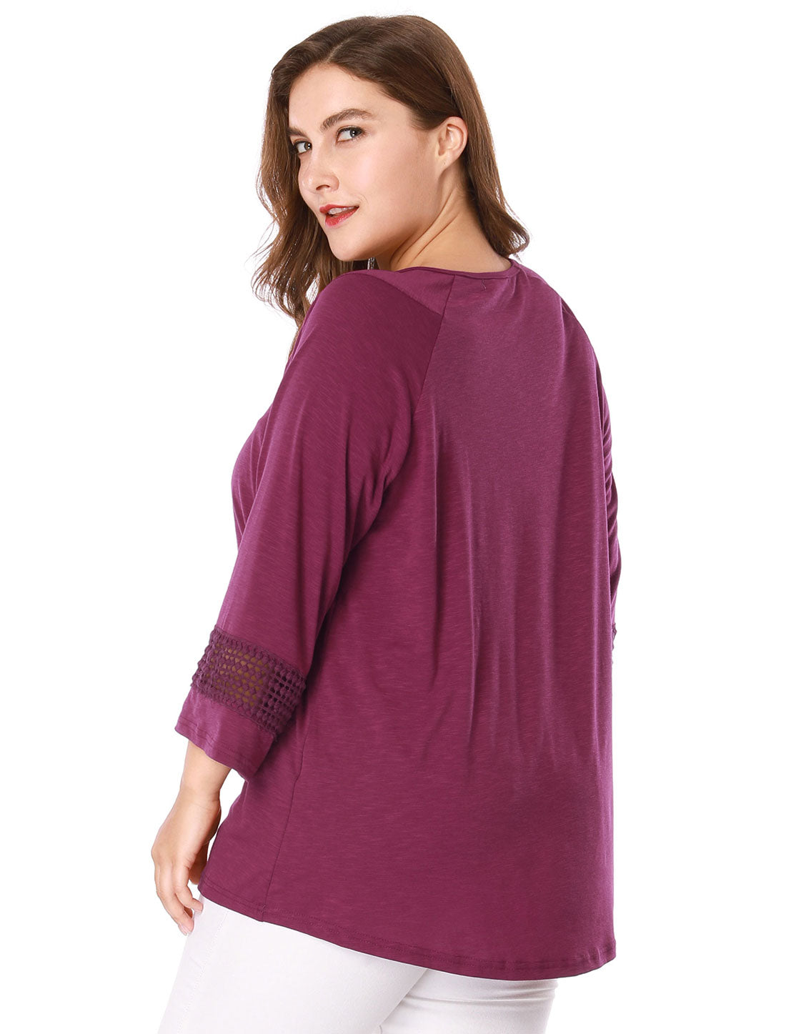Women's Plus Size Tops Long Sleeve Crochet Panel Hollow Out Pleated Tunics Blouse
