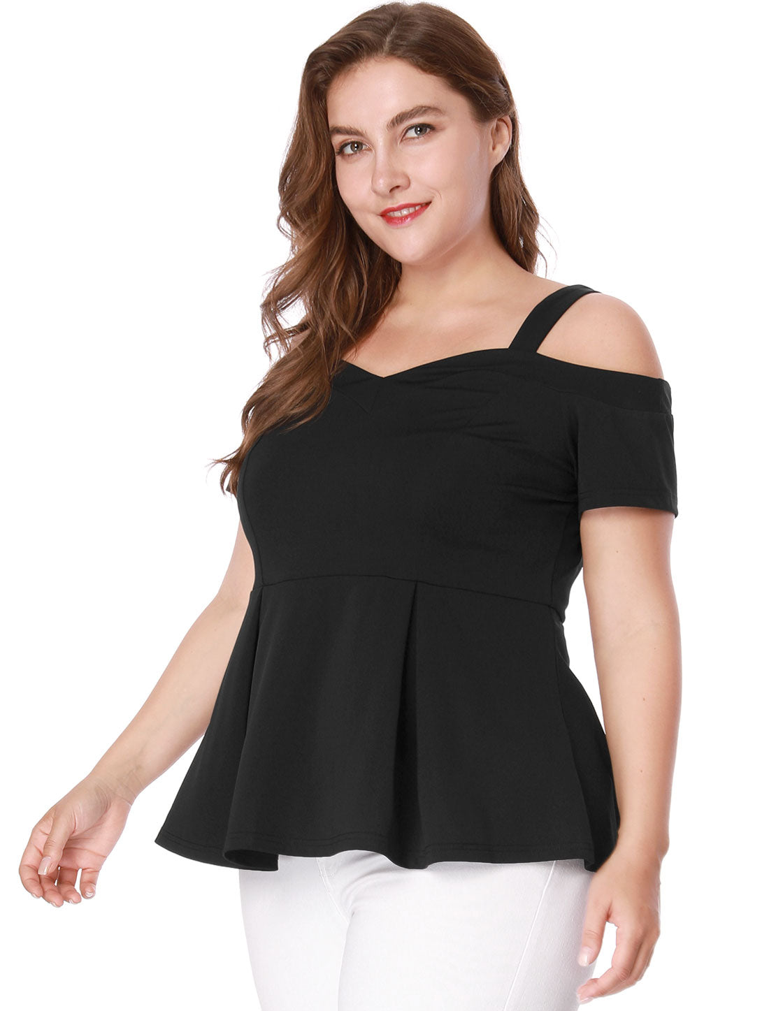 Women's Plus Size High Waist Sweetheart Cold Shoulder Peplum Top