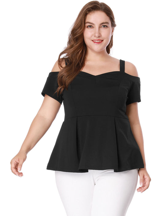Women's Plus Size High Waist Sweetheart Cold Shoulder Peplum Top