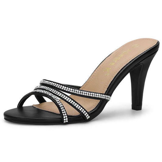 Sandalias de tacón de aguja con tiras y diamantes de imitación para mujer, con punta abierta y sin cordones
