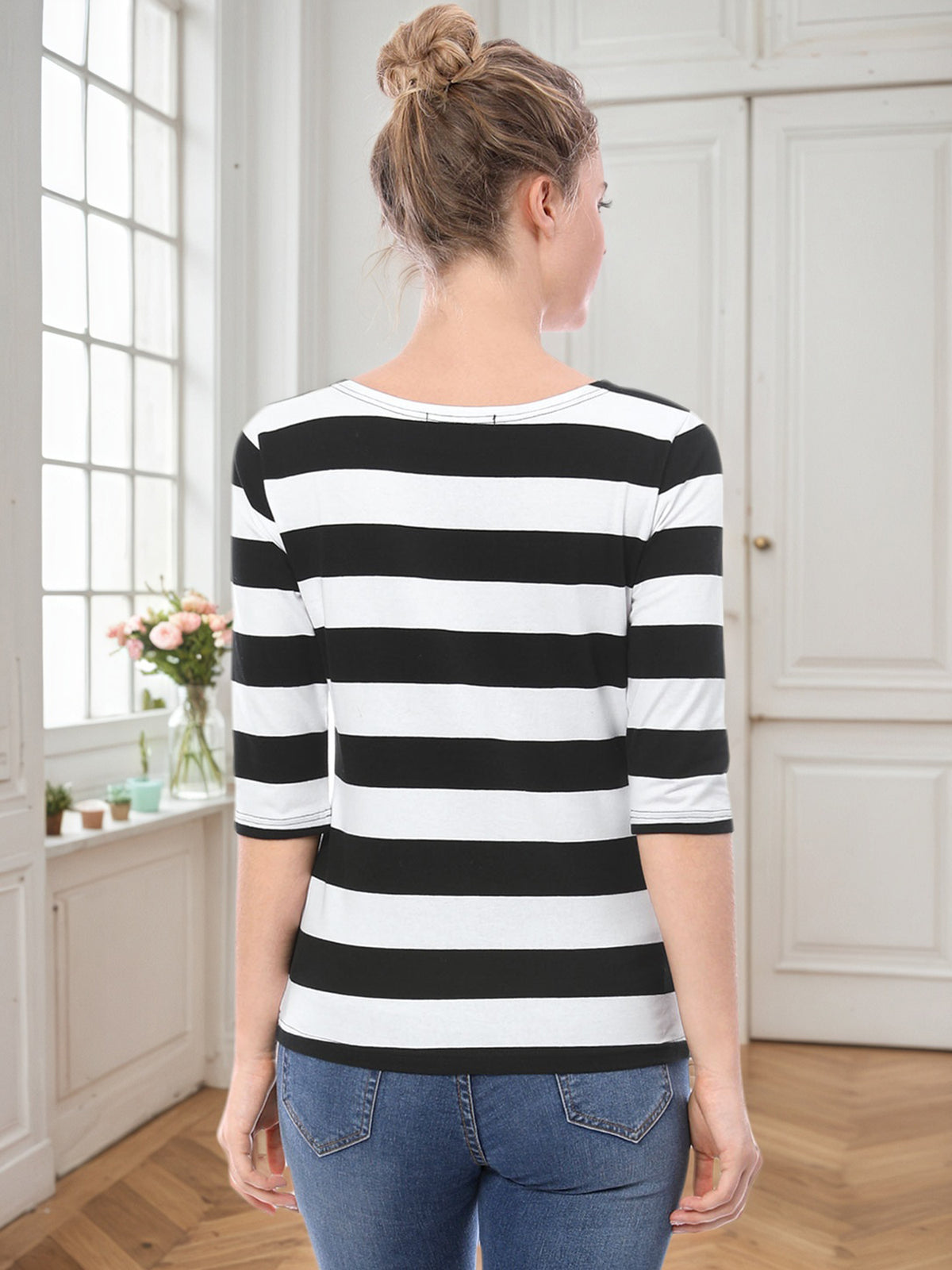 [PACK SALES] Women's 2 Pieces Boat Neck Elbow Sleeves Slim Fit Stripes T-Shirt