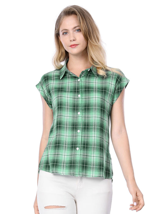 Women's Summer Plaid Cap Sleeves Button Down Shirt