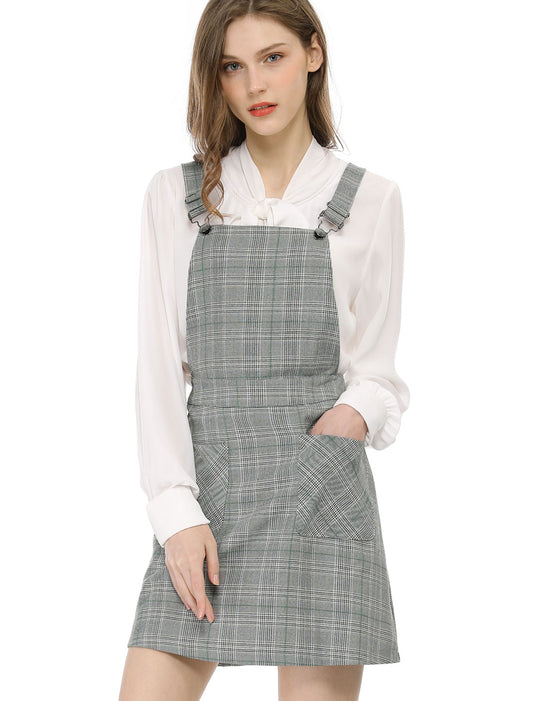 Women's Adjustable Strap Above Knee Plaid Printed Overall Dress Suspender Skirt