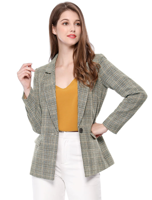 Women's Notched Lapel One Button Plaid Blazer Suit Jacket