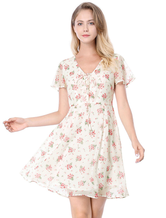 Women Floral Lace-Up V-Neck Flouncing Sleeve Chiffon A-Line Dress