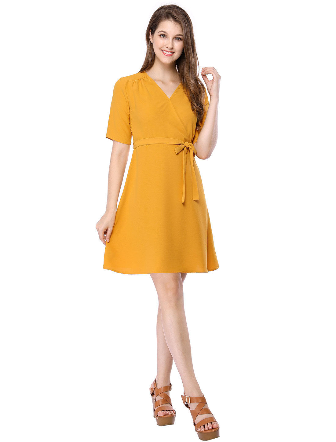 Women's Short Sleeve V Neck Belted Above Knee A Line Dress