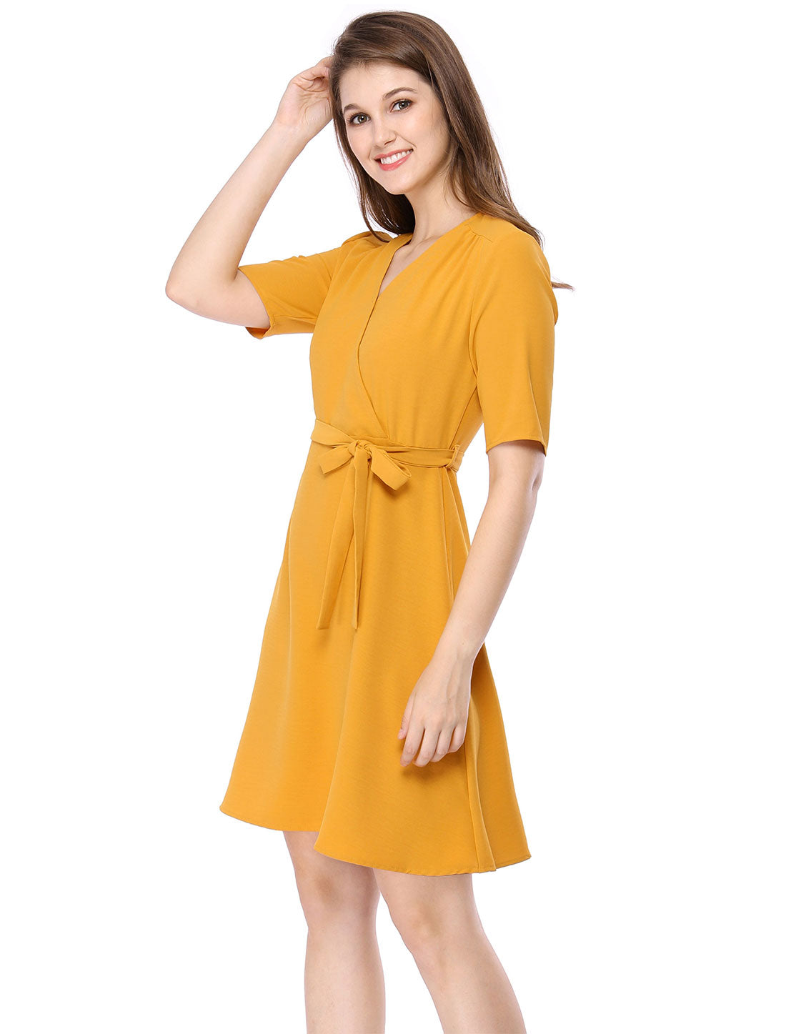 Women's Short Sleeve V Neck Belted Above Knee A Line Dress