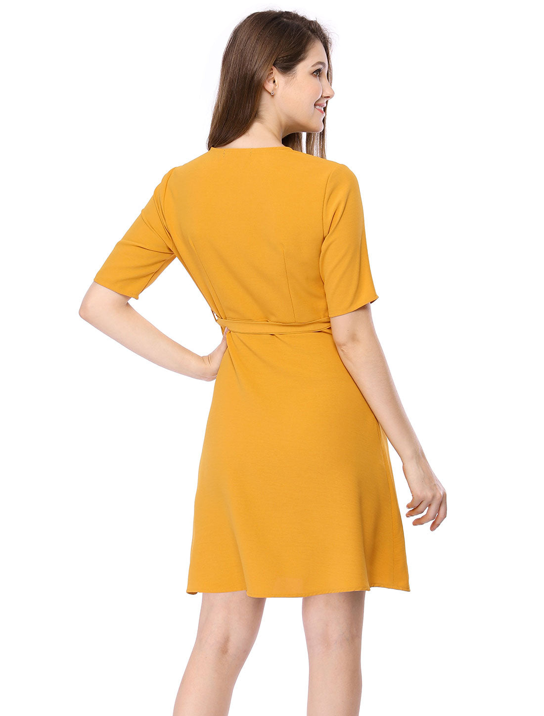 Women's Short Sleeve V Neck Belted Above Knee A Line Dress