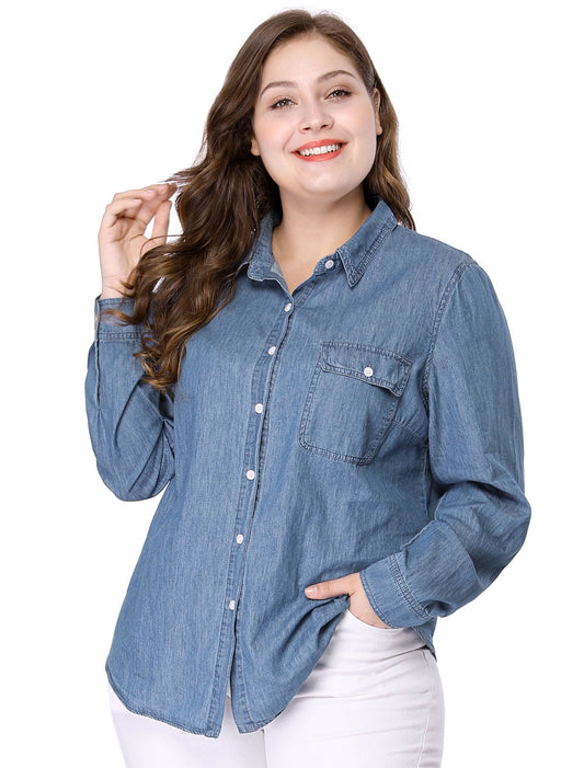 Women's Plus Size Button Down Long Sleeve Chest Pocket Chambray Shirt