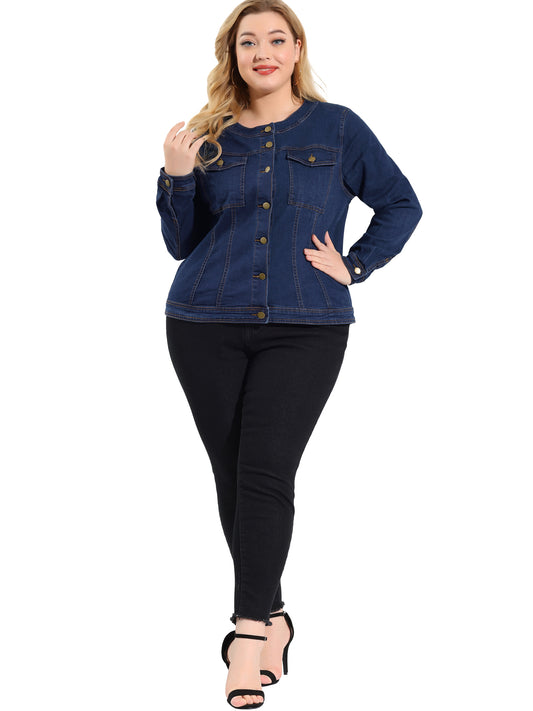 Women Plus Size Collarless Long Sleeve Button Down Jean Denim Jacket