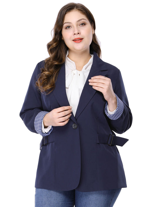 Women's Plus Size Contrast Stripe Cuff Notched Lapel Casual Blazers Jacket