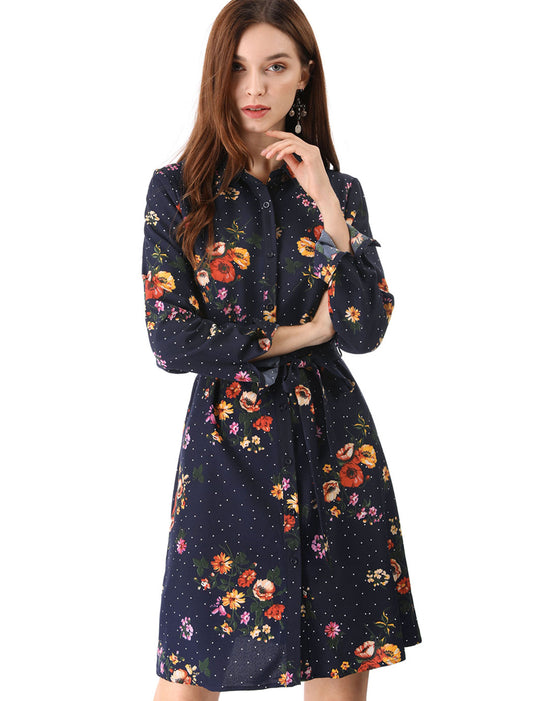 Women's Button Down Collar Tie Belted Print Shirt Dress