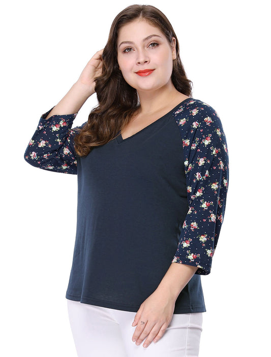 Women's Plus Size Top Casual V Neck 3/4 Sleeve Floral Raglan Top T-Shirt