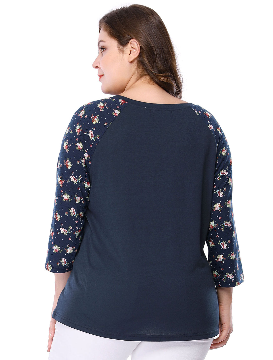 Women's Plus Size Top Casual V Neck 3/4 Sleeve Floral Raglan Top T-Shirt