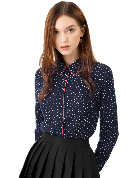 Women's Printed Long Sleeve Piped Button Down Office Shirt