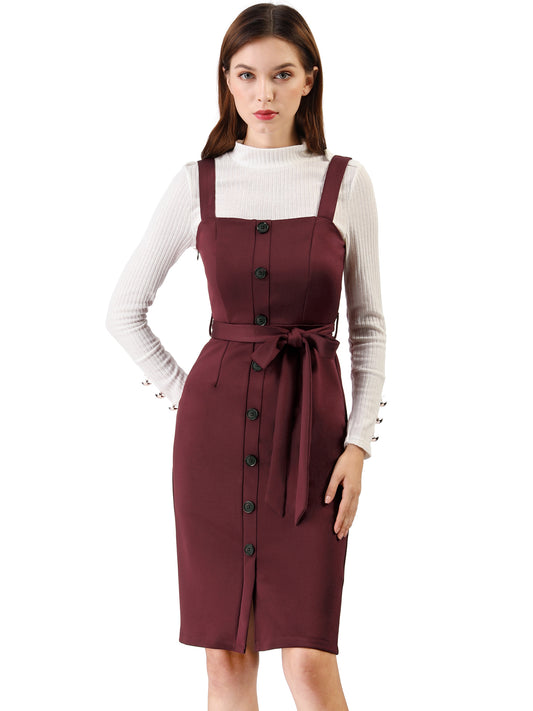 Women's Button Front Bodycon Sleeveless Belt Staps Tank Dress