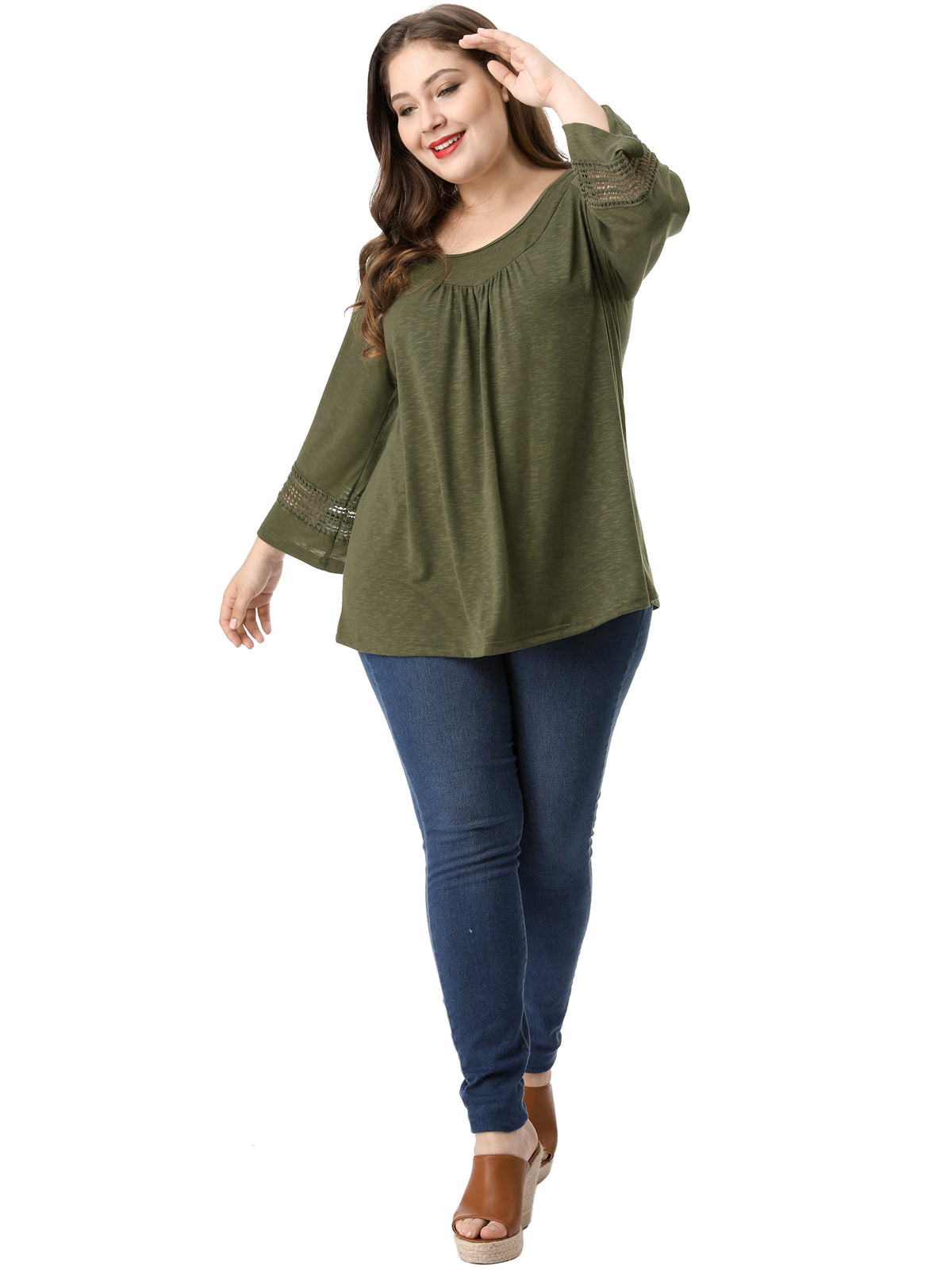 [PACK SALES] Women's Plus Size 2 Pieces Crochet Panel Tops Long Sleeve Hollow Ruched Front Pullovers