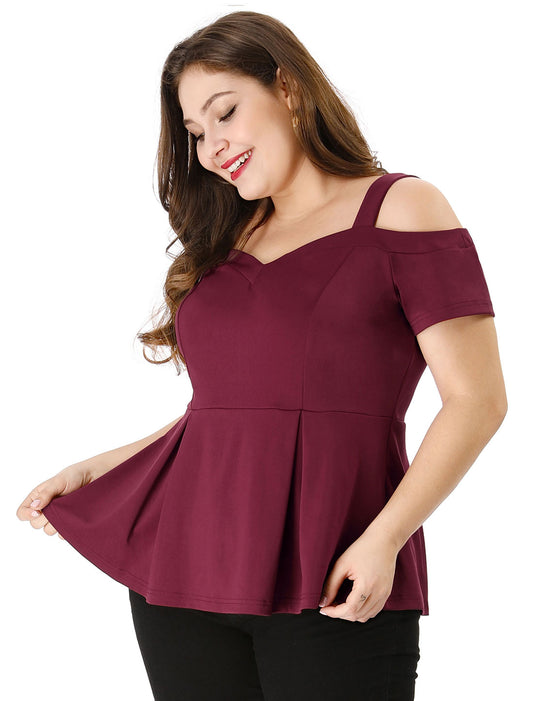 Women's Plus Size High Waist Sweetheart Cold Shoulder Peplum Top