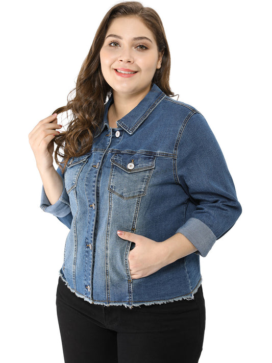 Women's Plus Size Classic Washed Front Frayed Denim Jacket