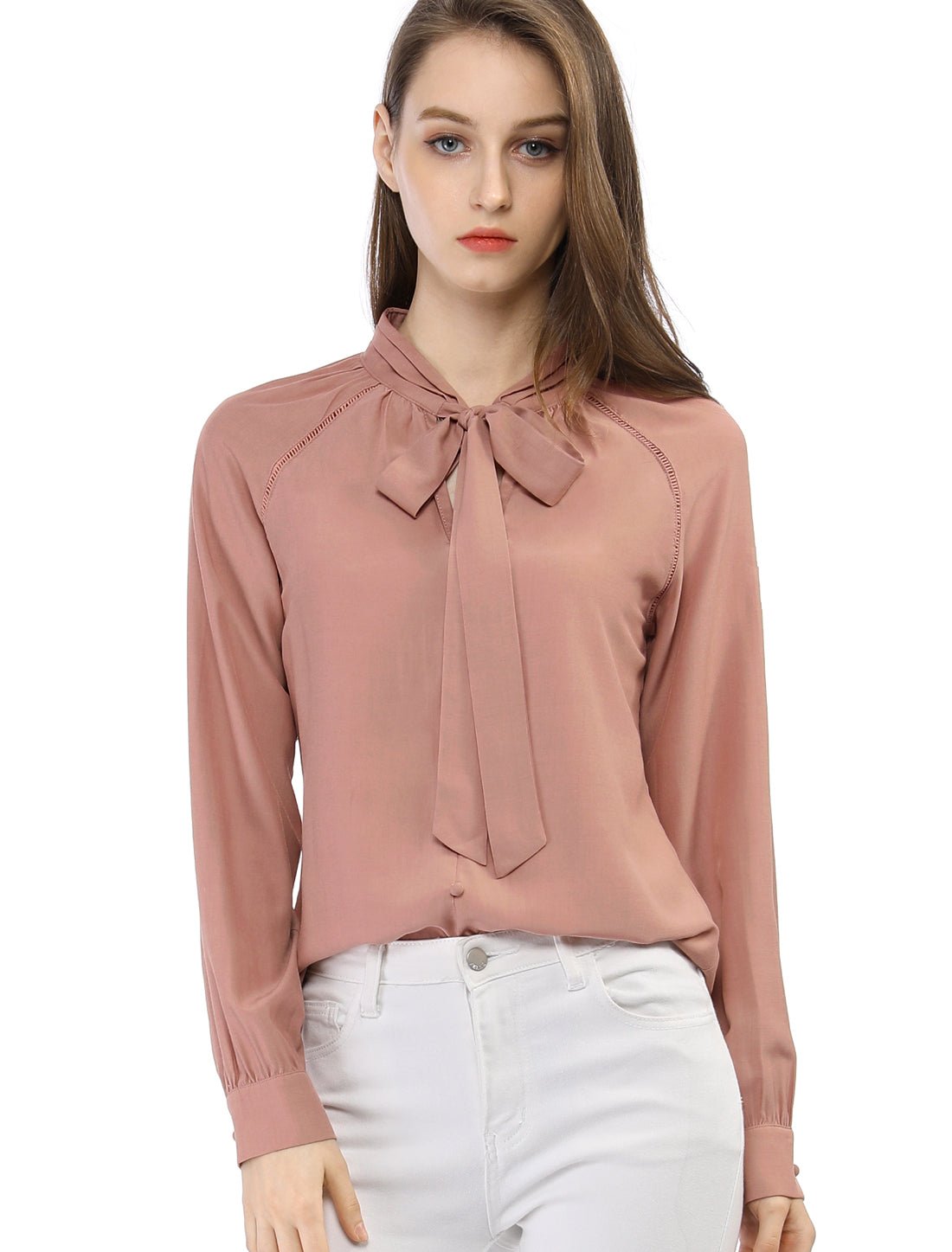 Women's Work Office Tops Bow Tie Neck Button Decor Long Sleeve Shirt Blouse