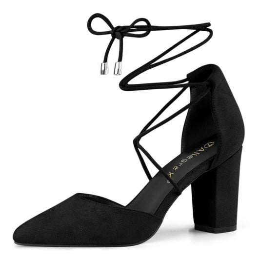 Zapatos de tacón grueso con cordones y punta puntiaguda para mujer
