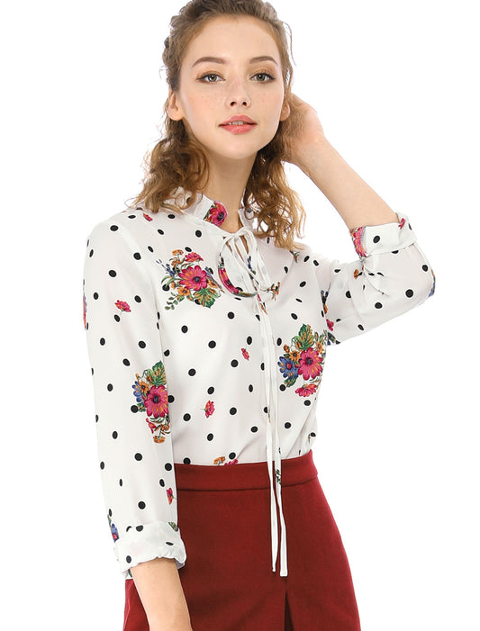 Women's Ruffled Tie Neck Long Sleeves Floral Polka Dots Blouse Top
