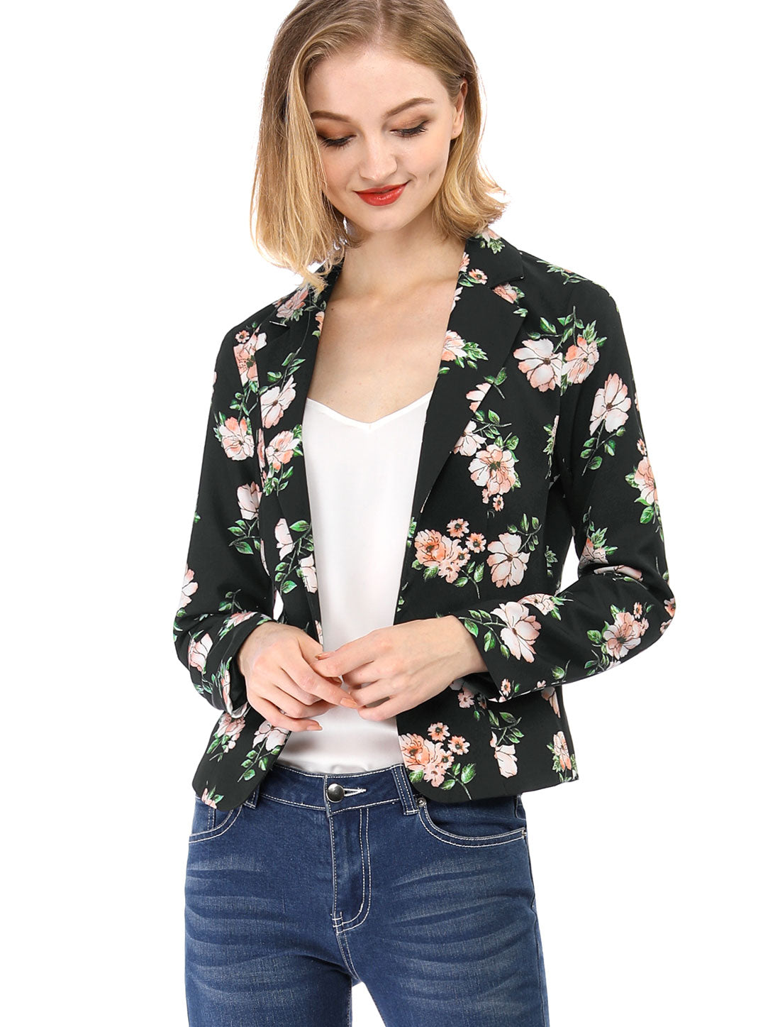 Women's Fitted Blazer Notch Lapel Printed Open Front Suit Jacket (Available in Plus Size)
