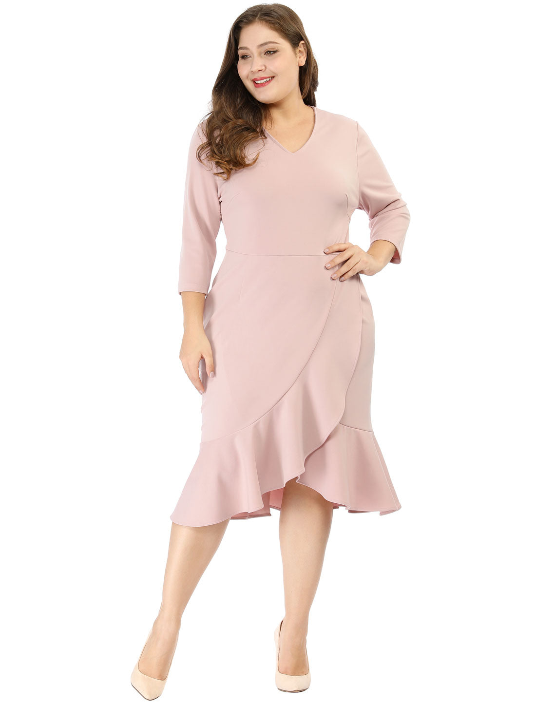 Women's Plus Size Business Ruffled Dress 3/4 Sleeve Office Work Cocktail Dresses Party Wrap Dress