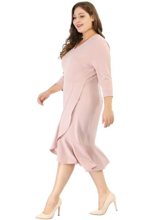 Women's Plus Size Business Ruffled Dress 3/4 Sleeve Office Work Cocktail Dresses Party Wrap Dress