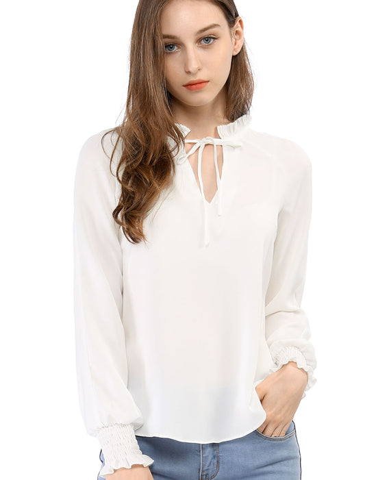 Women's Bow Tie Long Sleeve Shirt Chiffon Blouse