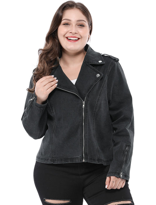 Women's Plus Size Denim Jackets Collar Inclined Zip Closure Biker Moto Jacket
