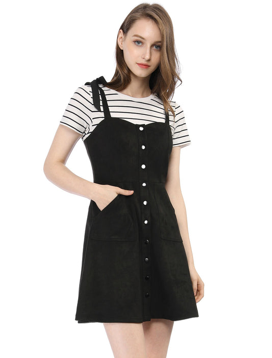 Women's Button Down Pockets Sleeveless Faux Suede Pinafore Overall Dress