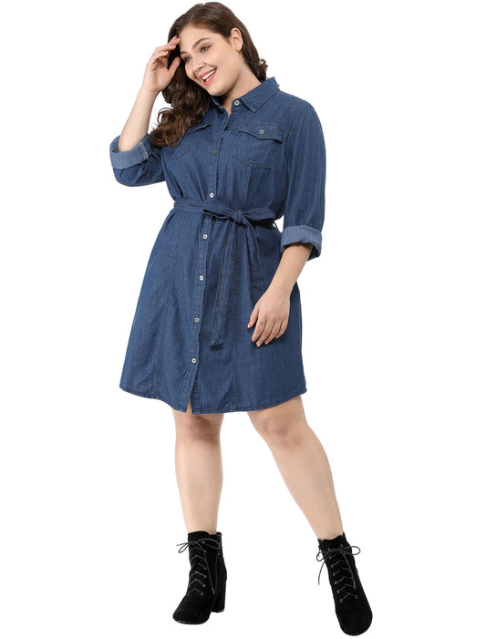 Women's Plus Size Denim Dress Midi Jean Shirt Button Down Long Sleeves Jeans Dress