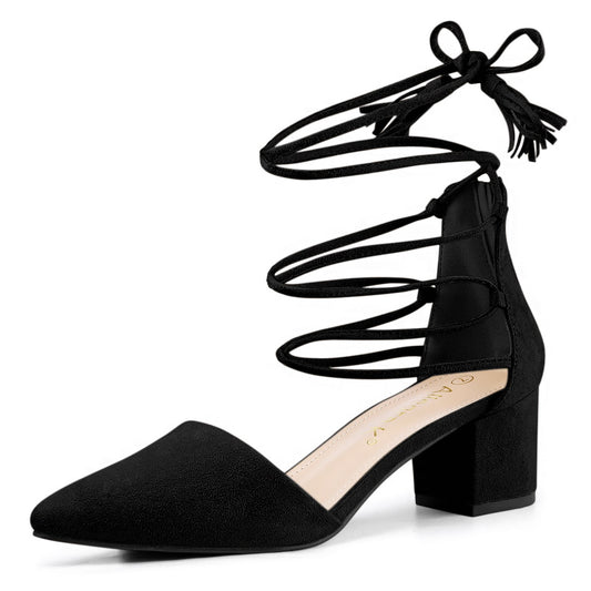 Zapatos de tacón de bloque con punta puntiaguda y cordones para mujer