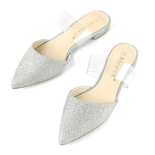 Women's Glitter Clear Ankle Strap Flat Mules