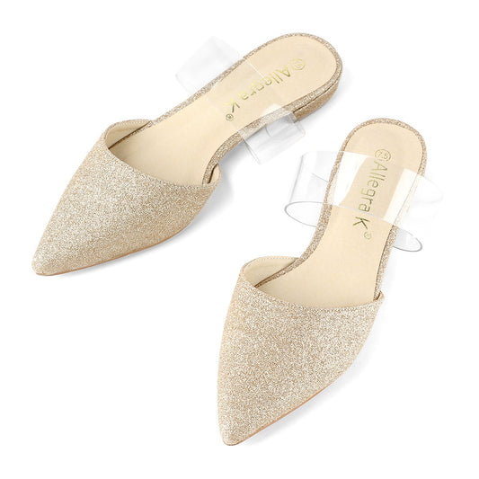 Women's Glitter Clear Ankle Strap Flat Mules