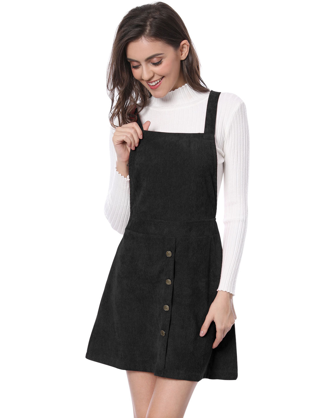 Vestido tipo pichi de pana con botones en la parte delantera, corte A y pechera para mujer