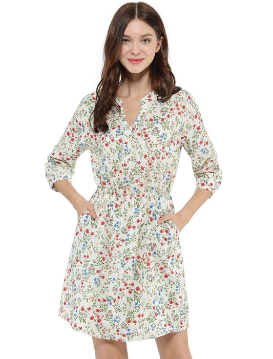 Women's Button-Up V Neck 3/4 Sleeves Floral Shirt Dress with Pockets