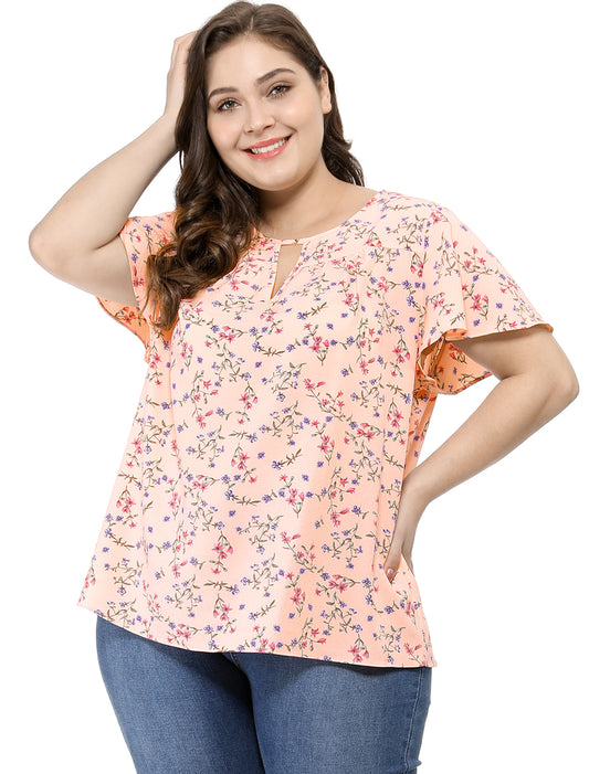 Women's Plus Size Blouses Summer Ruffle Short Sleeve Shirts Keyhole Chiffon Top