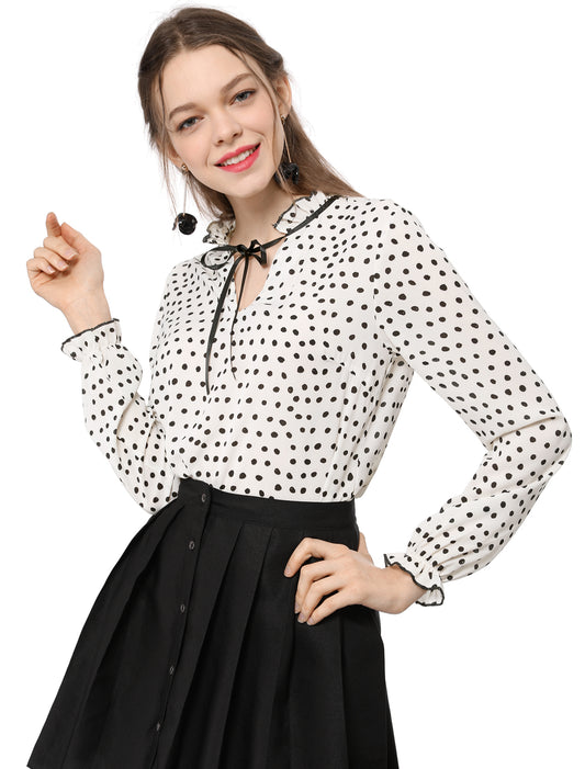 Women's Bow Tie Neck Blouse Ruffled Collar Printed Long Sleeve Top