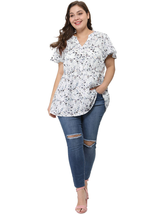 Women's Plus Size Floral Tops Elastic Waist Lightweight Chiffon Blouses Summer Top