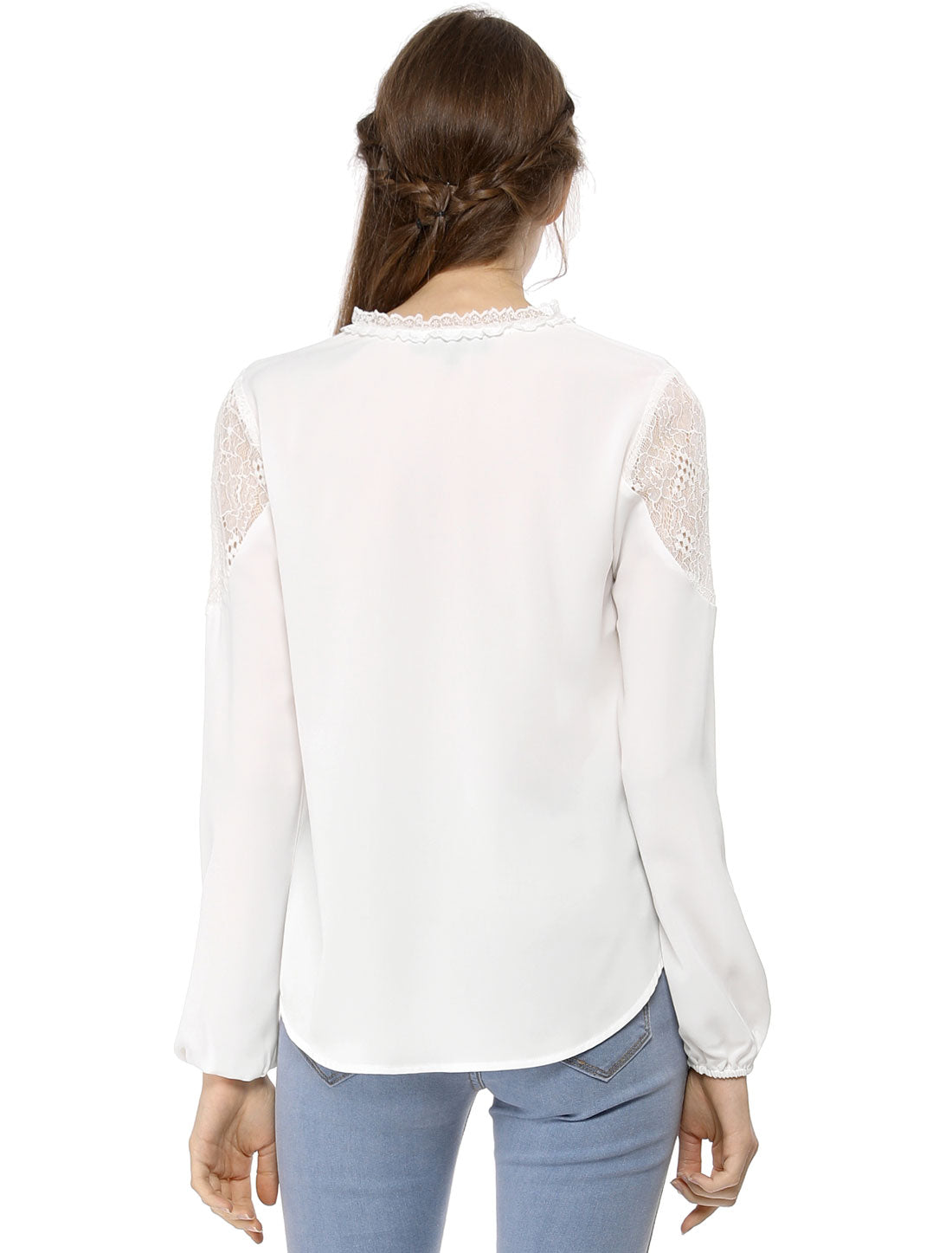 Women's Elegant Lace Self Tie Neck Ruffle Lightweight Chiffon Long Sleeve Blouse Top