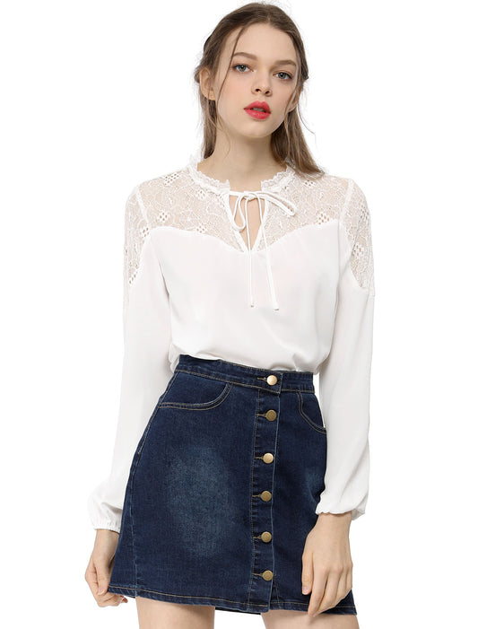 Women's Elegant Lace Self Tie Neck Ruffle Lightweight Chiffon Long Sleeve Blouse Top