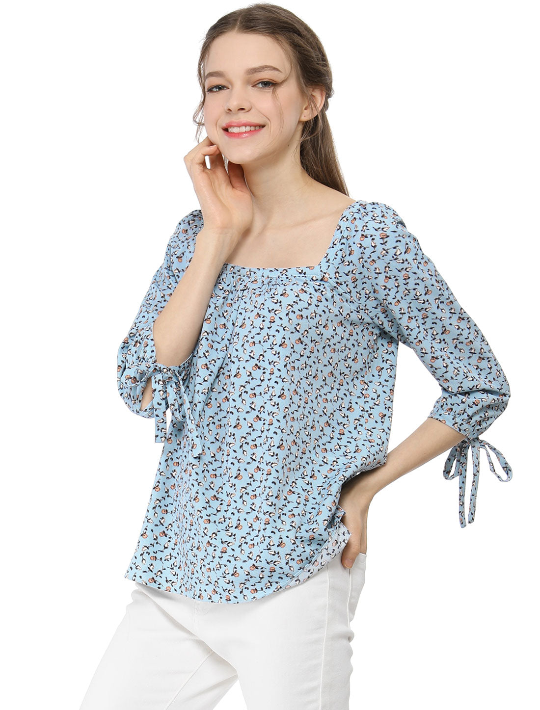 Women's Tie Cuffs 3/4 Sleeves Square Neck Floral Blouse