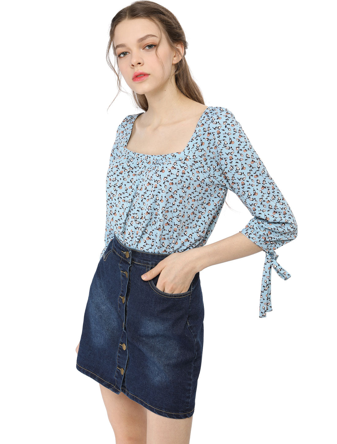 Women's Tie Cuffs 3/4 Sleeves Square Neck Floral Blouse