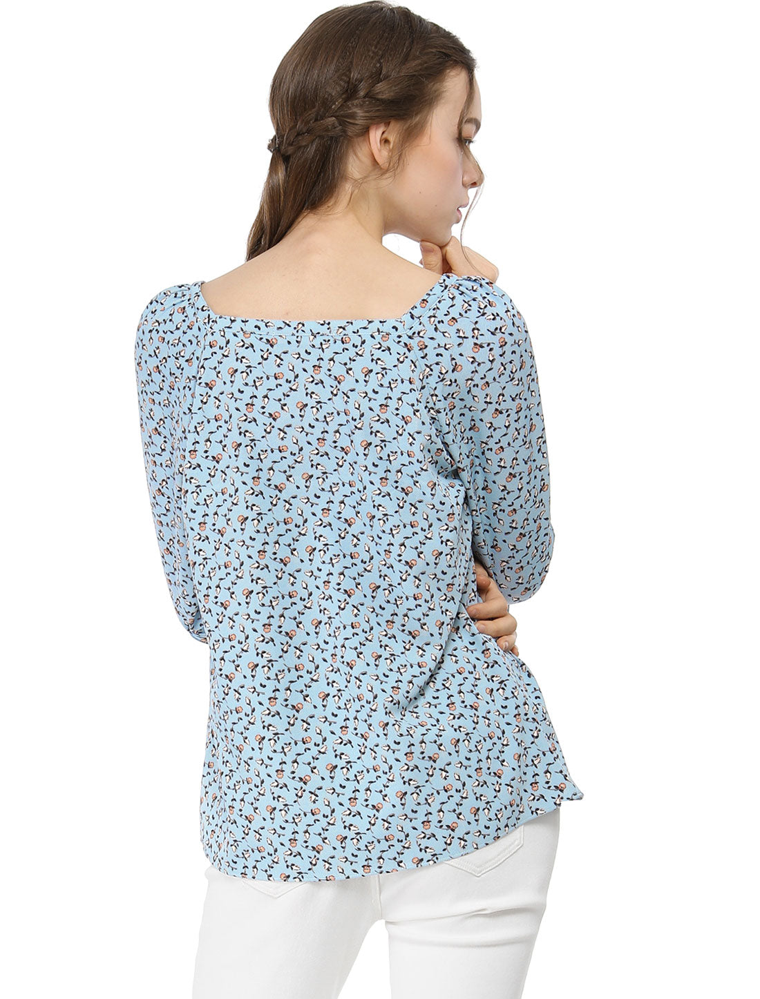 Women's Tie Cuffs 3/4 Sleeves Square Neck Floral Blouse