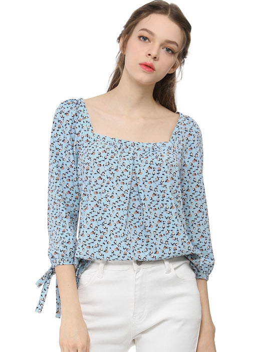 Women's Tie Cuffs 3/4 Sleeves Square Neck Floral Blouse